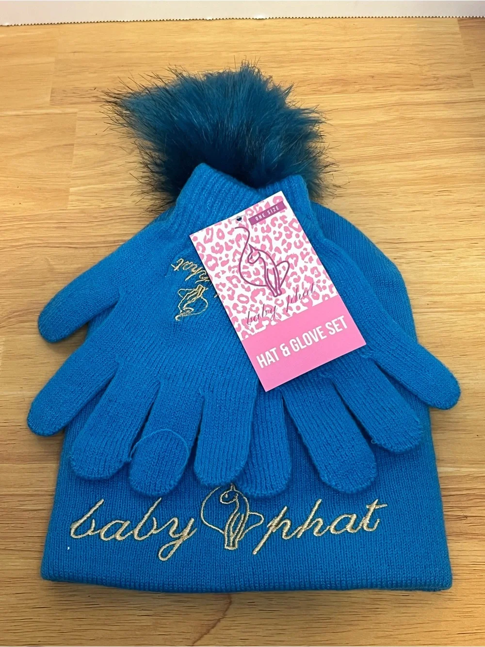 Baby Phat Teal Knit Pom Hat & Glove Set with Gold Logo